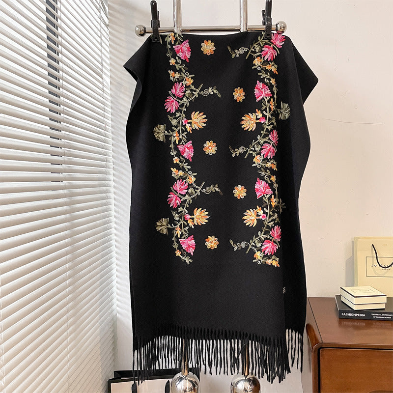 Autumn And Winter Thick Simple Flower Embroidery Cashmere-like Ethnic Style Warm Scarf