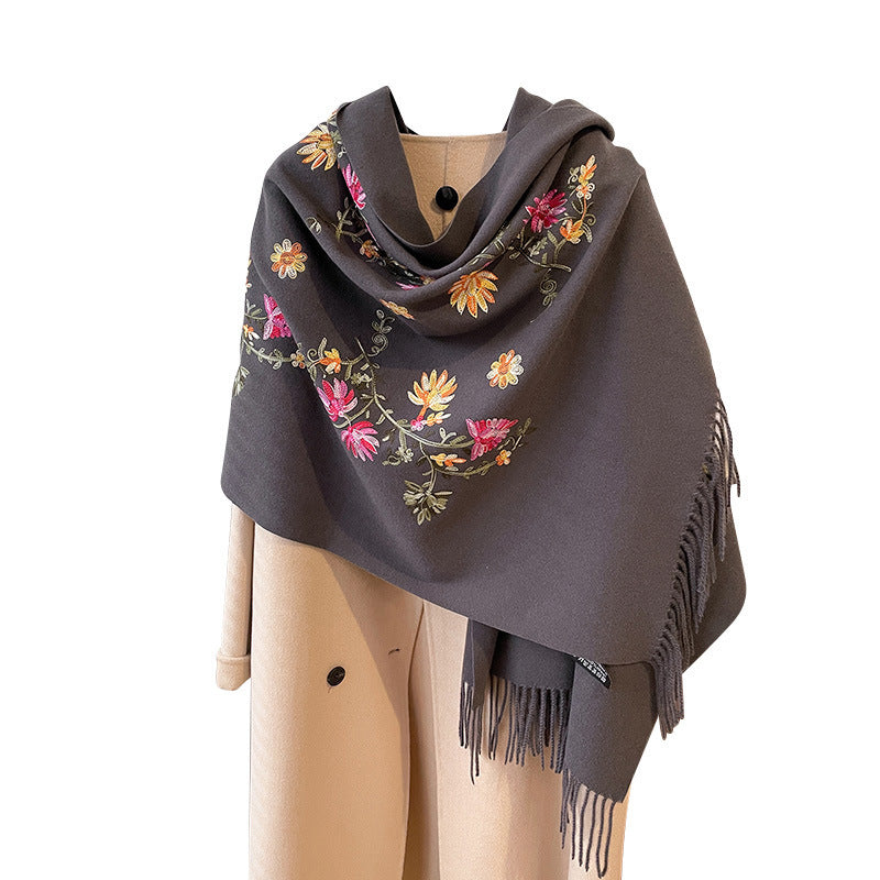 Autumn And Winter Thick Simple Flower Embroidery Cashmere-like Ethnic Style Warm Scarf
