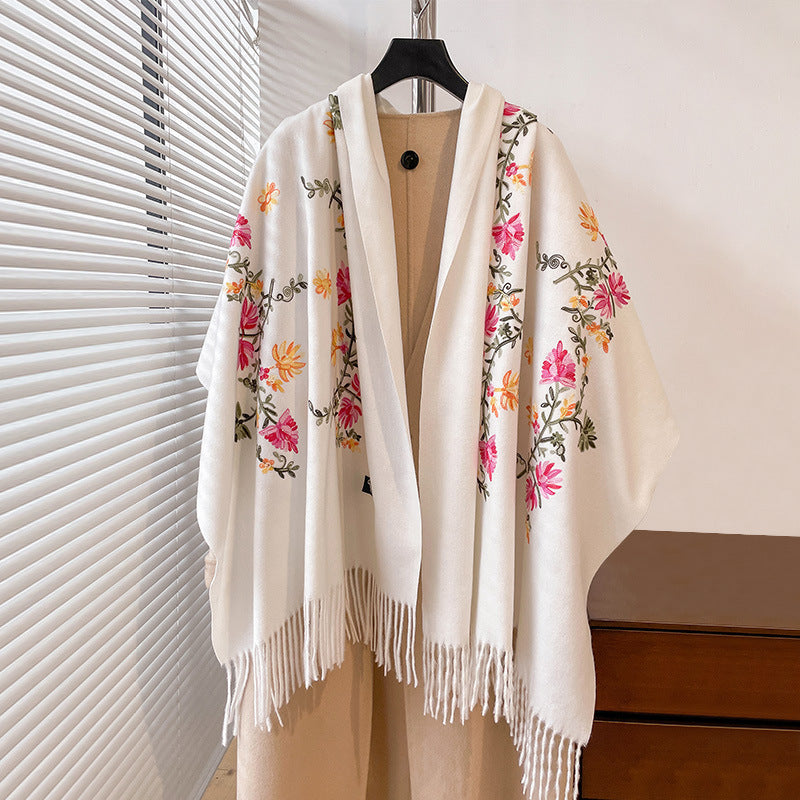 Autumn And Winter Thick Simple Flower Embroidery Cashmere-like Ethnic Style Warm Scarf