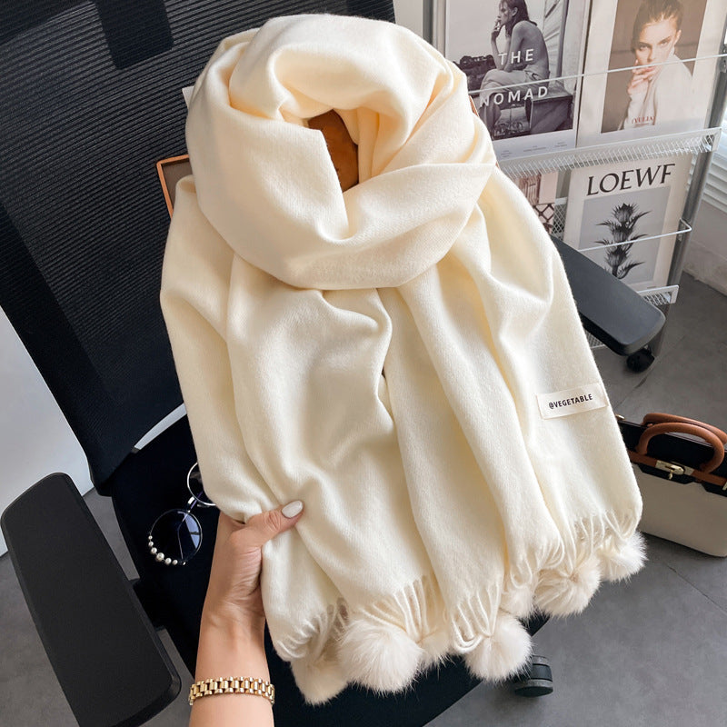 Beige Artificial Cashmere Scarf Fur Ball Winter Warm Tassel Shawl