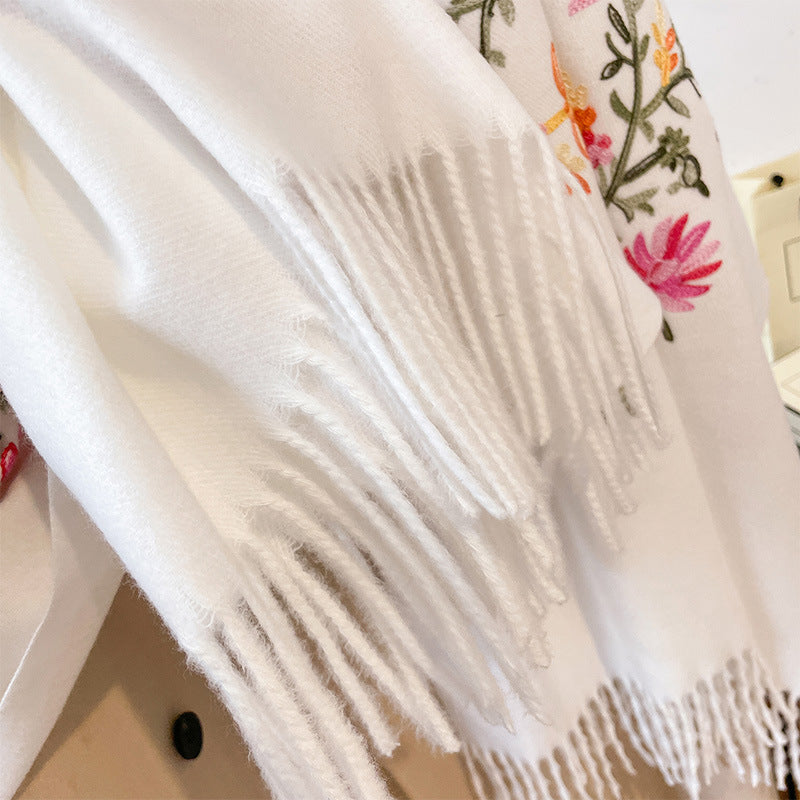 Autumn And Winter Thick Simple Flower Embroidery Cashmere-like Ethnic Style Warm Scarf