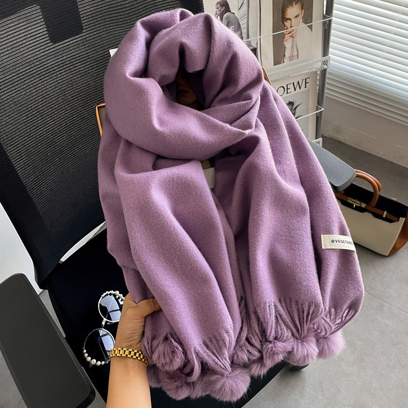 Beige Artificial Cashmere Scarf Fur Ball Winter Warm Tassel Shawl