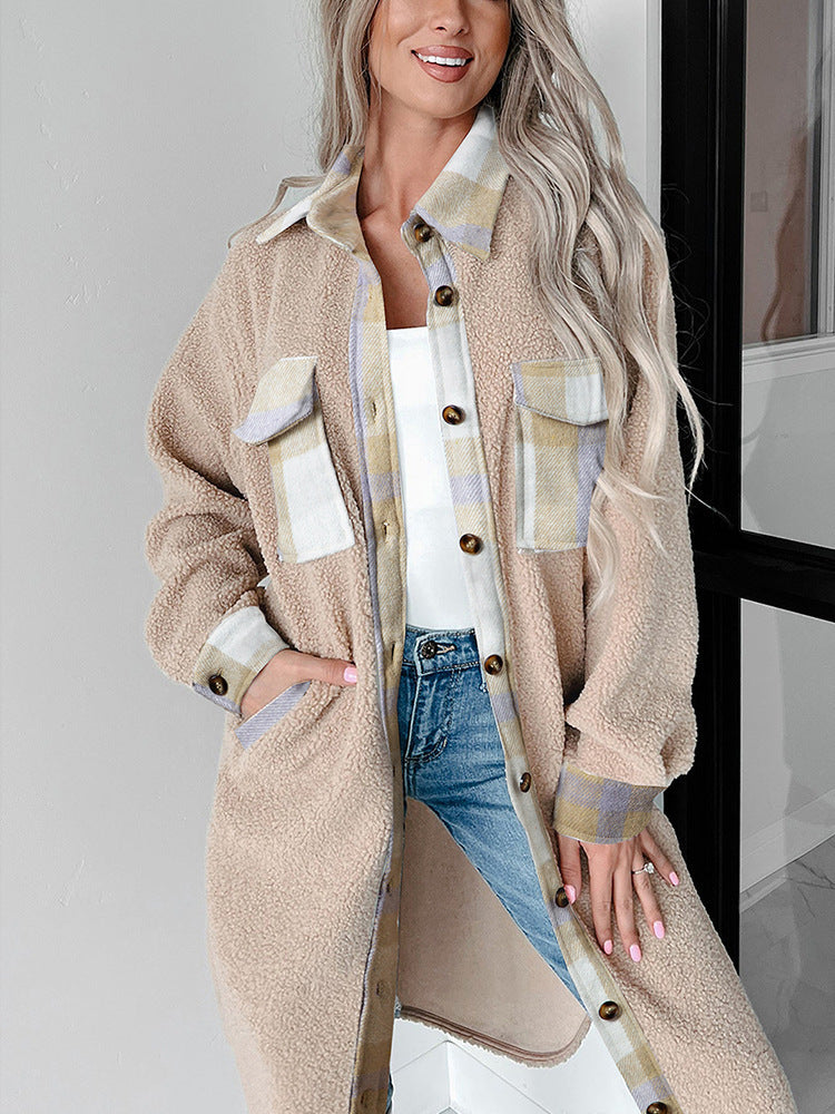 Women's Fashion Colorblock Plaid Warm Single-breasted Woolen Coat