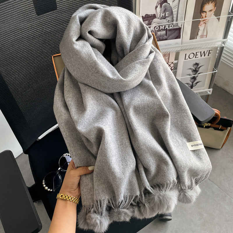 Beige Artificial Cashmere Scarf Fur Ball Winter Warm Tassel Shawl