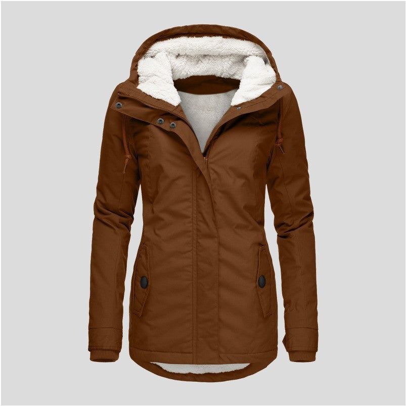 Winter Hooded Jacket Solid Color Warm Buckle Zip-up Fleece Jacket With Pockets Women's Casual Jacket