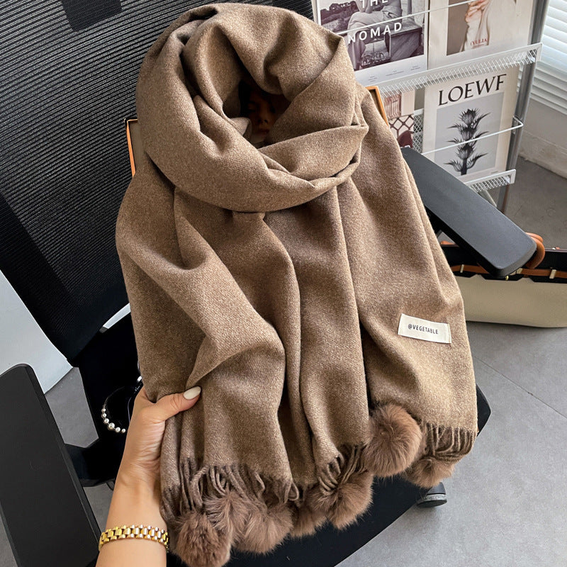 Beige Artificial Cashmere Scarf Fur Ball Winter Warm Tassel Shawl