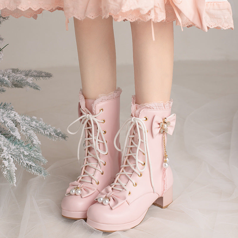 Female Bow Thick Heeled Short Boots Lolita Shoes