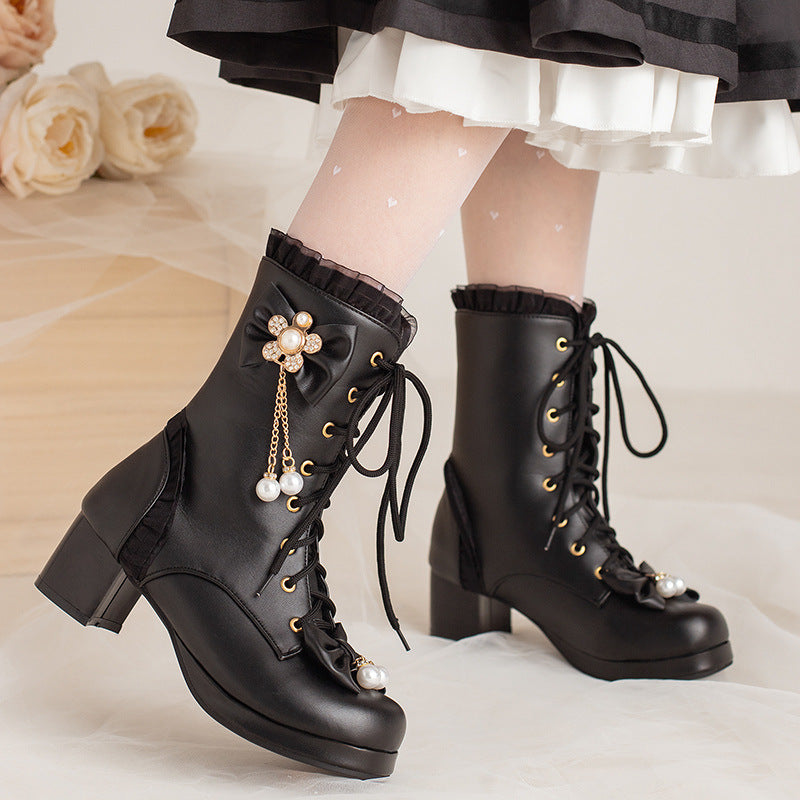 Female Bow Thick Heeled Short Boots Lolita Shoes