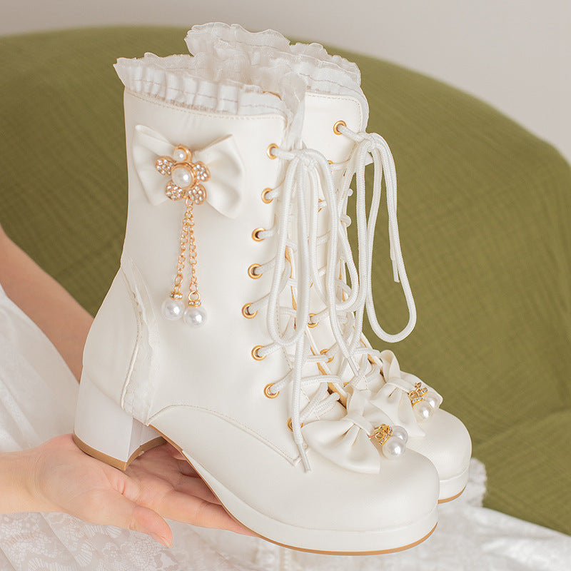 Female Bow Thick Heeled Short Boots Lolita Shoes