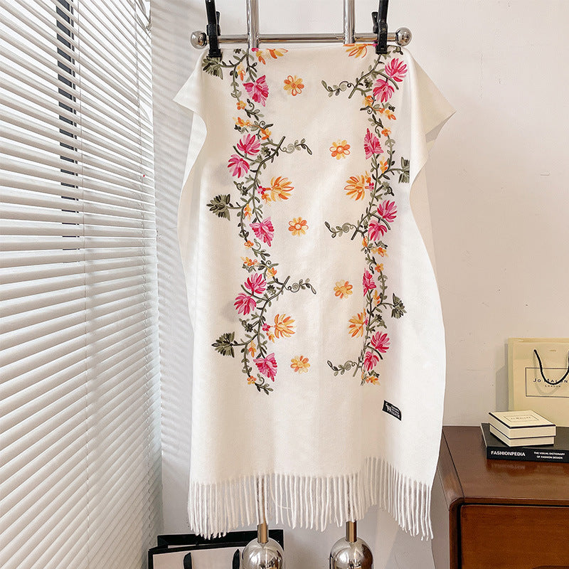 Autumn And Winter Thick Simple Flower Embroidery Cashmere-like Ethnic Style Warm Scarf