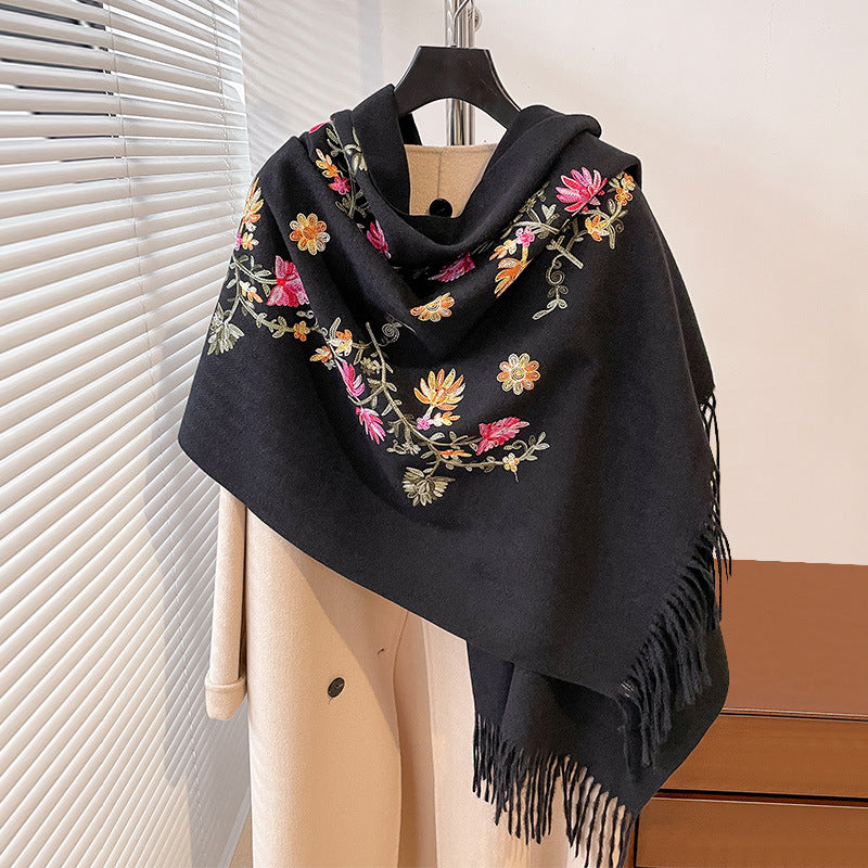 Autumn And Winter Thick Simple Flower Embroidery Cashmere-like Ethnic Style Warm Scarf