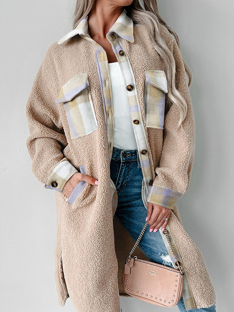 Women's Fashion Colorblock Plaid Warm Single-breasted Woolen Coat