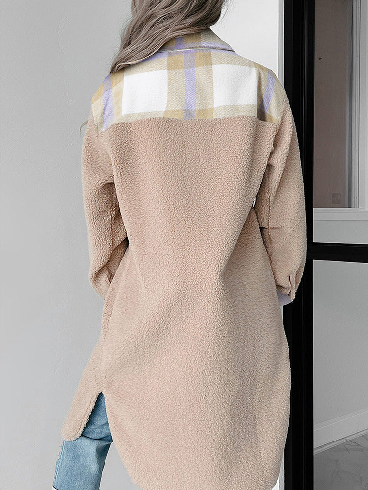 Women's Fashion Colorblock Plaid Warm Single-breasted Woolen Coat