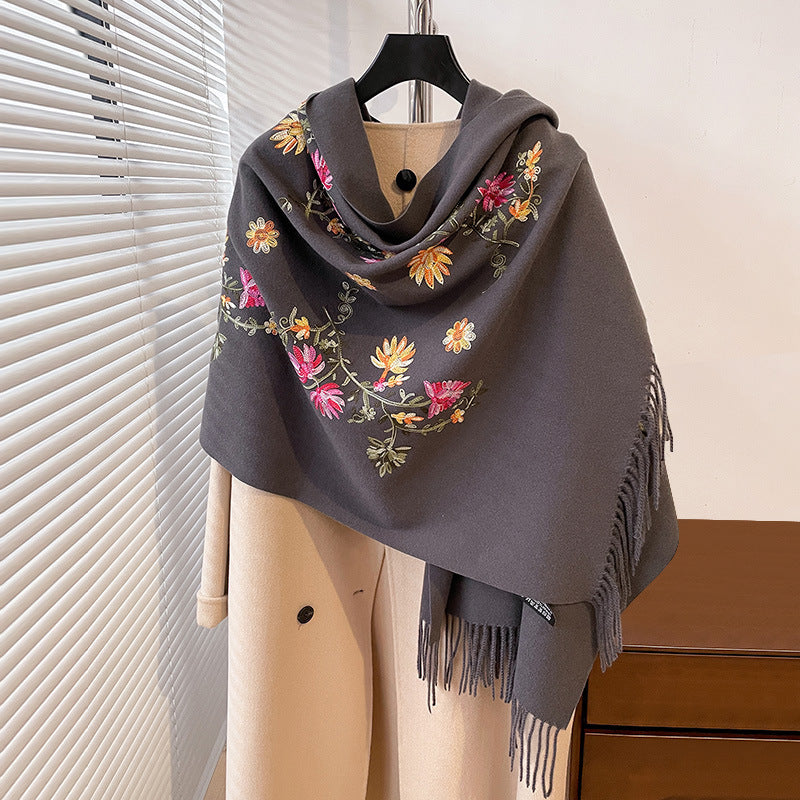 Autumn And Winter Thick Simple Flower Embroidery Cashmere-like Ethnic Style Warm Scarf